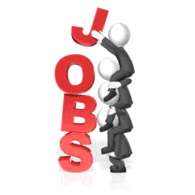 A group of businessmen sit on each other&#039;s shoulders to build the word &quot;JOBS&quot;.