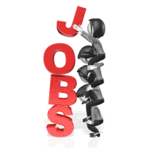 A group of business women sit on each other&#039;s shoulders to build the word &quot;JOBS&quot;.