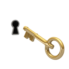 An animation of an old style key being inserted into a lock and turned.