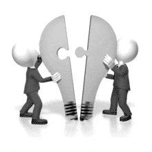 An animation of two male business figures pushing light bulb puzzle pieces together.