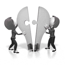 An animation of two female business figures pushing light bulb puzzle pieces together.