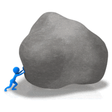 An animation of a small figure trying to push a very large rock.