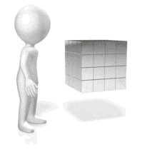 A stick figure grabs a blue cube from an array of cubes. This clip-art can represent finding the right item.