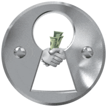Two hands can be seen through a keyhole trading money.