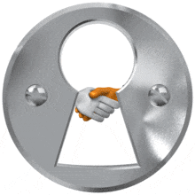 Two hands shaking can be seen through a keyhole.