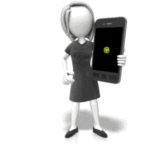 An animation of a female business figure holding a big smart phone with social media icons floating out of the screen.