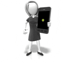 An animation of a female business figure holding a big smart phone with social media icons floating out of the screen.