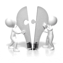 An animation of two stick figures pushing together two light bulb puzzle pieces together.