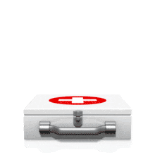 An animation of a doctor with stethoscope popping out of an emergency case.