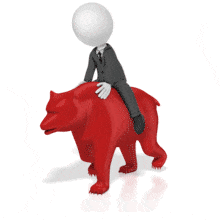 A businessman riding on the back of a bear.