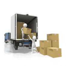 An animation of couple stick figures loading boxes into the back end of a semi-trailer