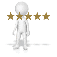 A stick figure touching each star to give a 1 out of 5 rating.