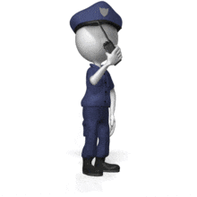 This animation shows a security guard talking on a walkie talkie facing right.