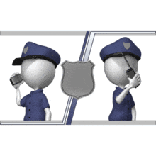 This animation shows a two security guards talking on a walkie talkies.