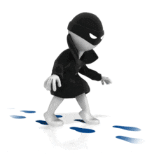 This animation shows a thief figure following a set of footprints.