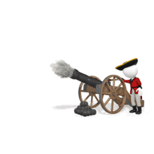 An English soldier fires a field cannon.