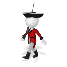 A British soldier marching as he carries a long rifle.