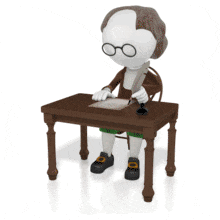 A stick figure version of Ben Franklin sits at  desk writing a letter.