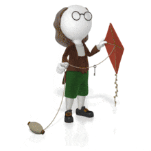 Ben Franklin scans the sky as he holds a kite with a key attached.