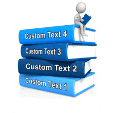 A stack of four books with a stick figure reading on top there is also room on the books to add your own custom text.