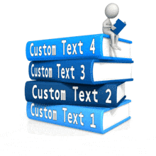 A stack of four books with a stick figure reading on top there is also room on the books to add your own custom text.