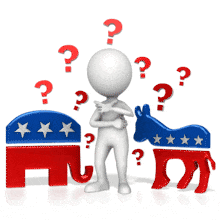 An animation of a figure trying to decide on either democrat or republican.