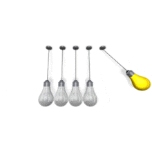 This animation shows five hanging light bulbs with the outside two swinging and transferring energy through the inside ones.