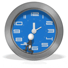 A businessman run circles inside a the rim of a clock.