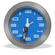 A business woman runs circles inside a the rim of a clock.