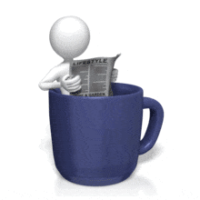 An animation of a figure reading the newspaper while sitting in a large cup of coffee.