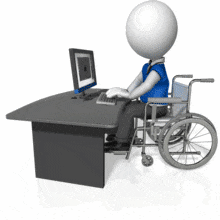 This clip art image shows a man figure in a wheelchair working at desk.