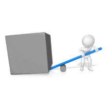 A stick figure tries uses a pole to create leverage to lift a heavy block.