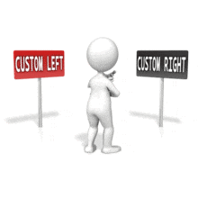 An animation of a stick figure trying to decide between two custom text signs.