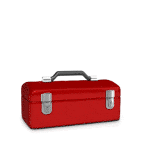 This custom design animation shows a maintenance figure popping out of a tool box holding a wrench and a custom sign