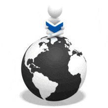 An animation of a figure sitting on top the world reading.