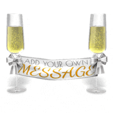 This custom design animation shows two champagne glasses with a customizable banner hanging between them.