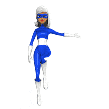 This animation show a superhero woman gesturing to the side with her hand.  Could be used to call attention to some text or image in your presentation template.