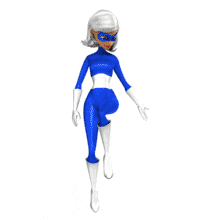 This animation show a superhero woman gesturing down with her hand.  Could be used to call attention to some text or image in your presentation template.