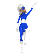 This animation show a superhero woman gesturing up with her hand.  Could be used to call attention to some text or image in your presentation template.