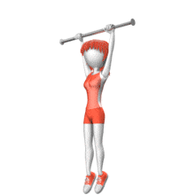 This animation shows a woman stick figure doing a pull up exercise.
