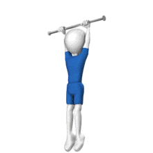 This animation shows a man stick figure doing a pull up exercise.