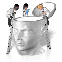 An animation with doctors on ladders looking inside a giant head.