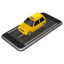 A yellow taxi rides on top of a cell phone. This clip-art can represent using your technology to get transportation.