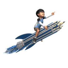This animation shows a boy flying on top of a rocket made up of pencils.