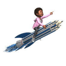 This animation shows a girl flying on top of a rocket made up of pencils.