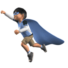 This animation shows a boy dressed as a superhero flying in the air.