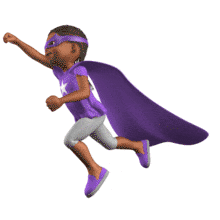 This animation shows a girl dressed as a superhero flying in the air.