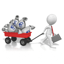 An animation of a figure pulling a wagon full of bags of euros.