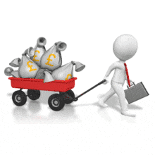 An animation of a figure pulling a wagon full of bags of British pounds.