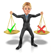 A man holding up a scale with a check mark being lifted over the X.